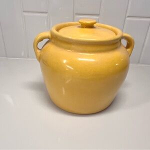 Vintage Bean Pot Crock Yellow with Lid & Side Handles 4” 1930s